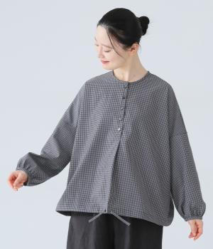 ウール混ギンガム　ドローストリングブラウス(ギンガム-F)