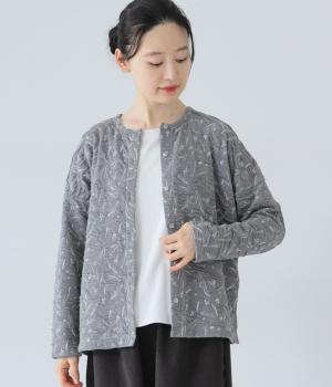 接結花ジャカード　クルーネックカーディガン(グレー-F)