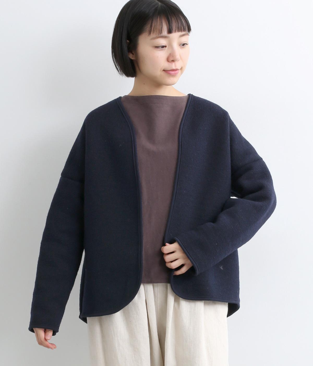 ウール裏ブークレー　パイピングカーディガン(ネイビー-F)