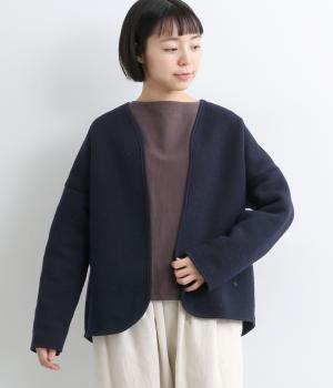 ウール裏ブークレー　パイピングカーディガン(ネイビー-F)