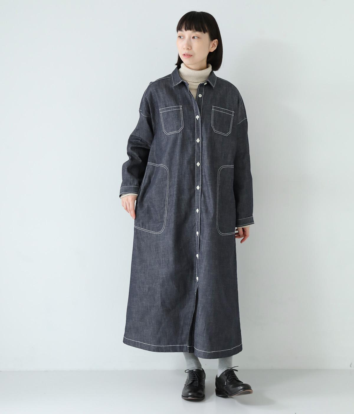 デニム　ステッチワークワンピース(ネイビー-F)