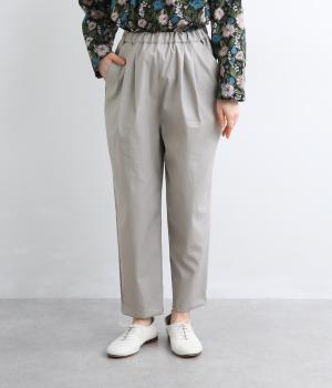 リネン混ストレッチチノ　タックテーパードパンツ(グレー-F)