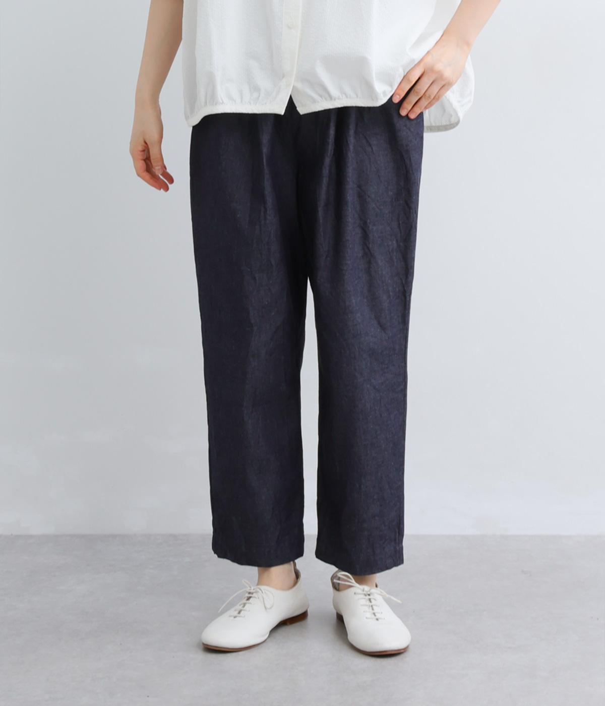 コットンデニム　タックテーパードパンツ(ネイビー-F)
