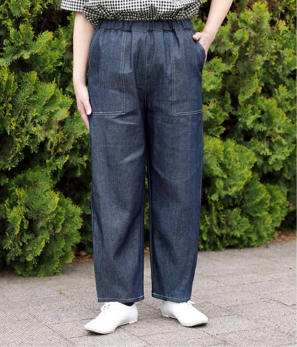 コットンセルヴィッチデニム　裾ダーツパンツ(ネイビー-F)