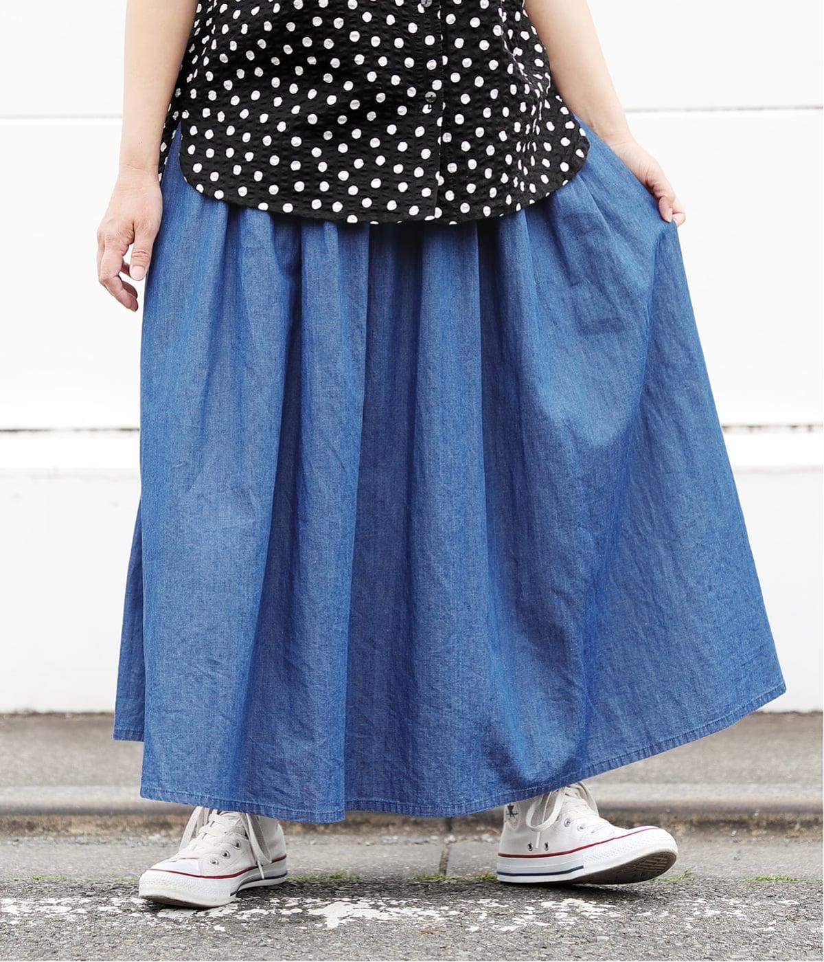 コットンリネンダンガリー　ギャザーフレアスカート(ブリーチ-F)