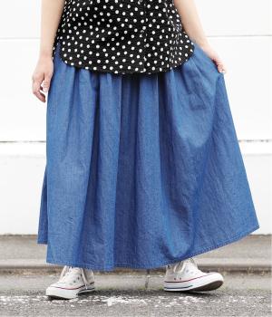 コットンリネンダンガリー　ギャザーフレアスカート(ブリーチ-F)