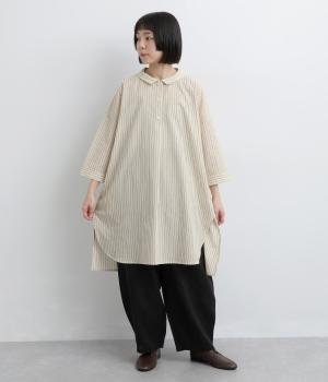 コットンリネンストライプ　8分袖ロングプルオーバーチュニック(ナチュラル-F)