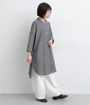 コットンリネンストライプ　8分袖ロングプルオーバーチュニック(ネイビー-F)