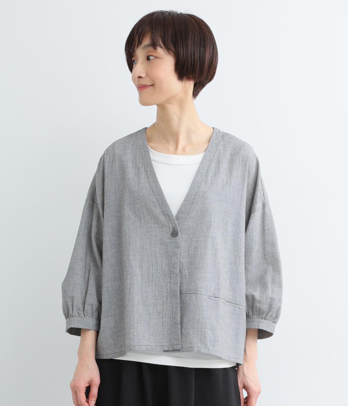 コットンガーゼクラフトワッシャー　チェックカーディガン(チドリ-F)