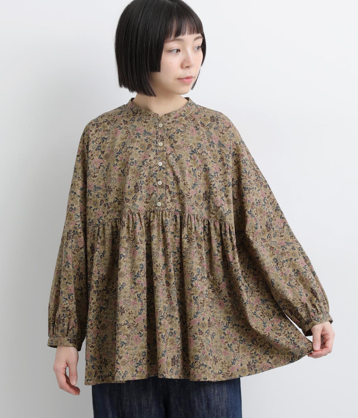 スモーキーカラー小花柄プリント切替ギャザープルオーバー(ベージュ-F)