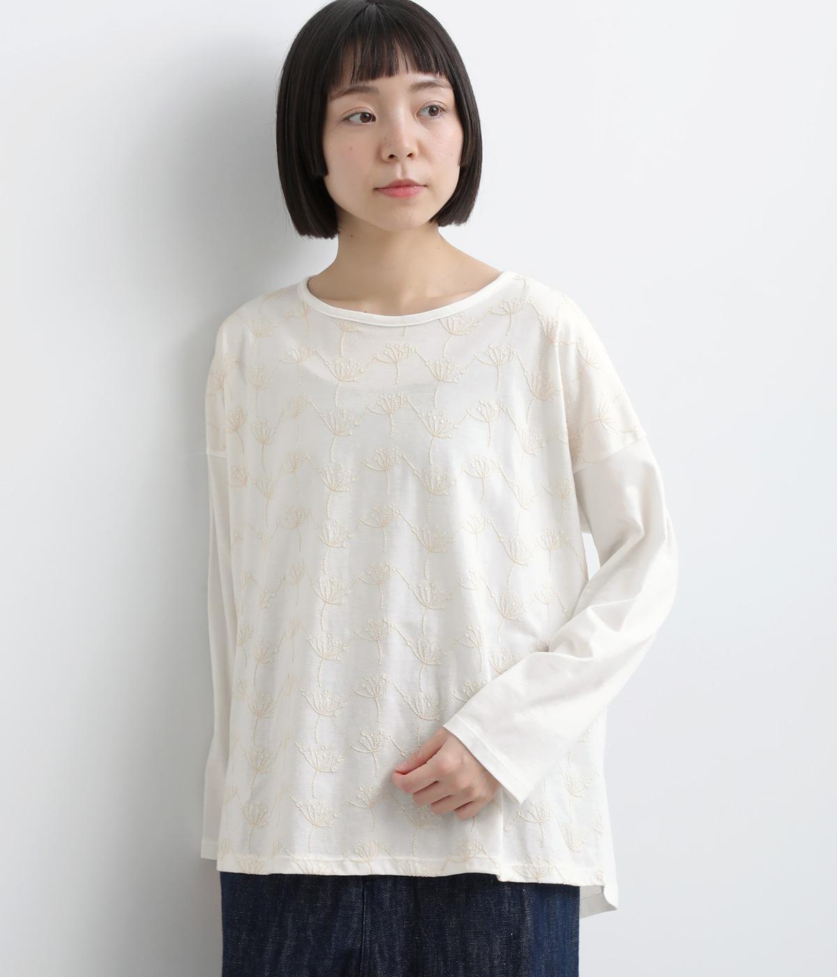 30天竺刺繍　ボートネックプルオーバー(ホワイト-F)