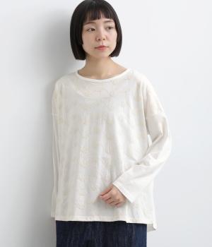30天竺刺繍　ボートネックプルオーバー(ホワイト-F)