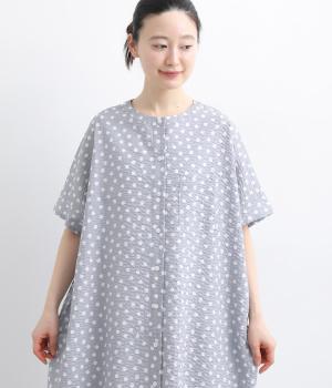 リップルドットプリント　ノーカラーロングブラウス(グレー-F)