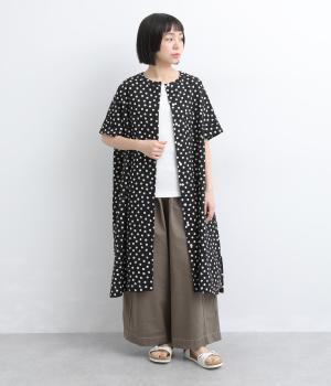 リップルドットプリント　ノーカラーロングブラウス(ブラック-F)
