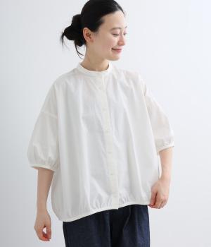 サッカーストライプ　パイピングギャザーブラウス(ホワイト-F)