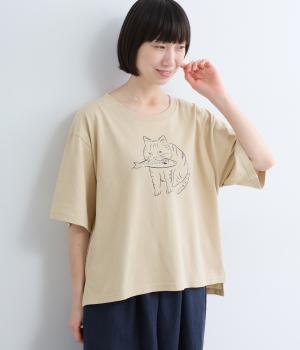 天竺 お魚くわえたネコプリントT シャツ(ベージュ-F)