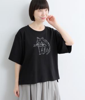 天竺 お魚くわえたネコプリントT シャツ(ブラック-F)