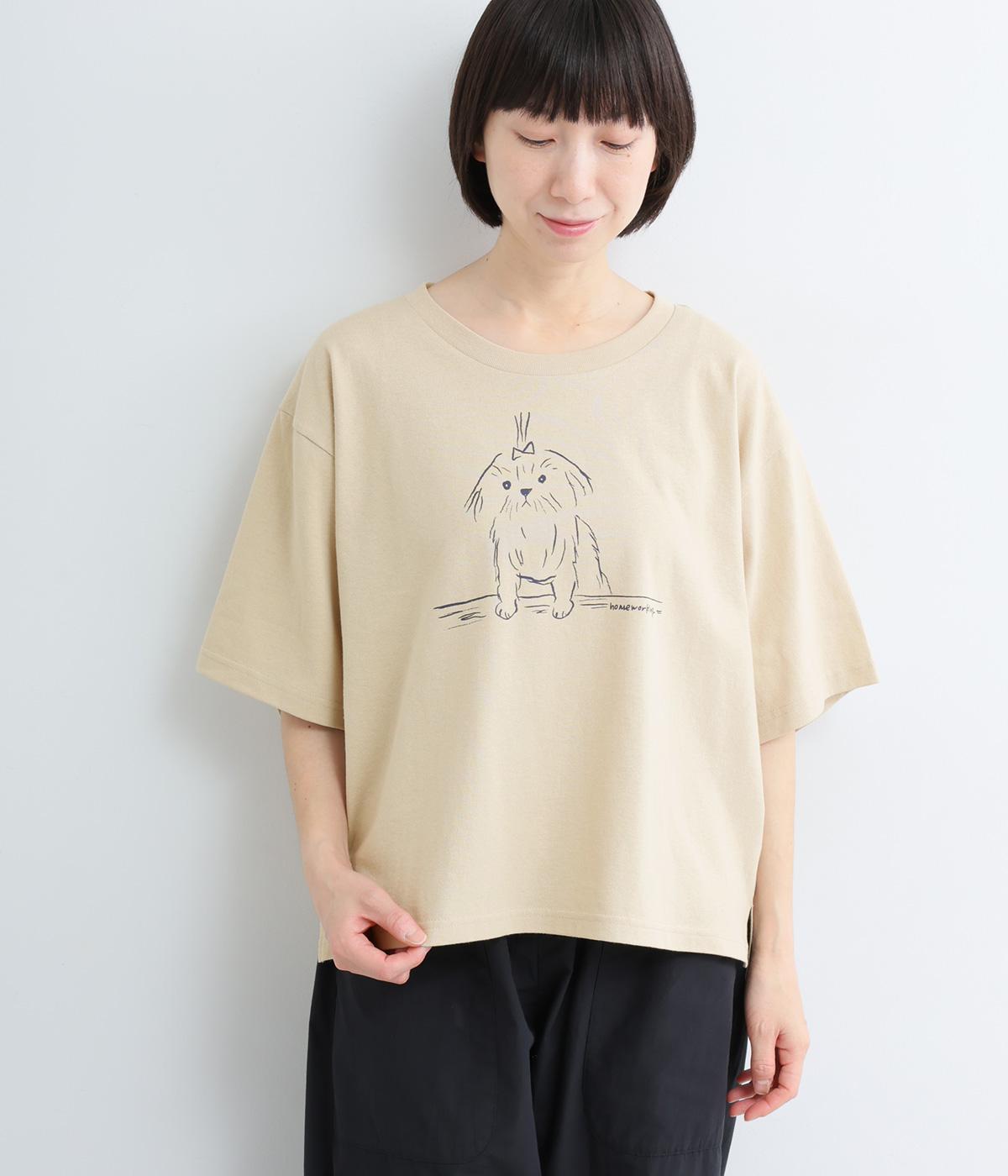 天竺 乗ってるイヌプリントTシャツ(ベージュ-F)