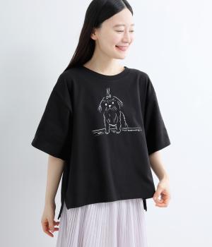 天竺 乗ってるイヌプリントTシャツ(ブラック-F)