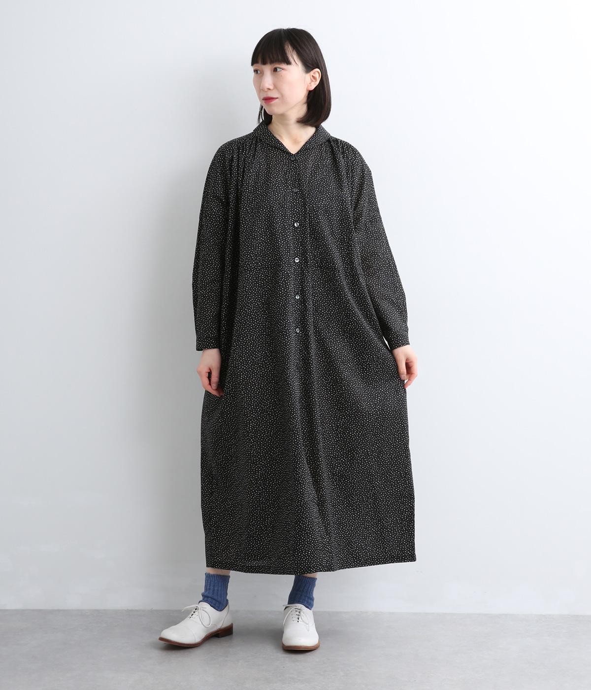 ローンランダムドット　ショールカラーワンピース(ブラック-F)