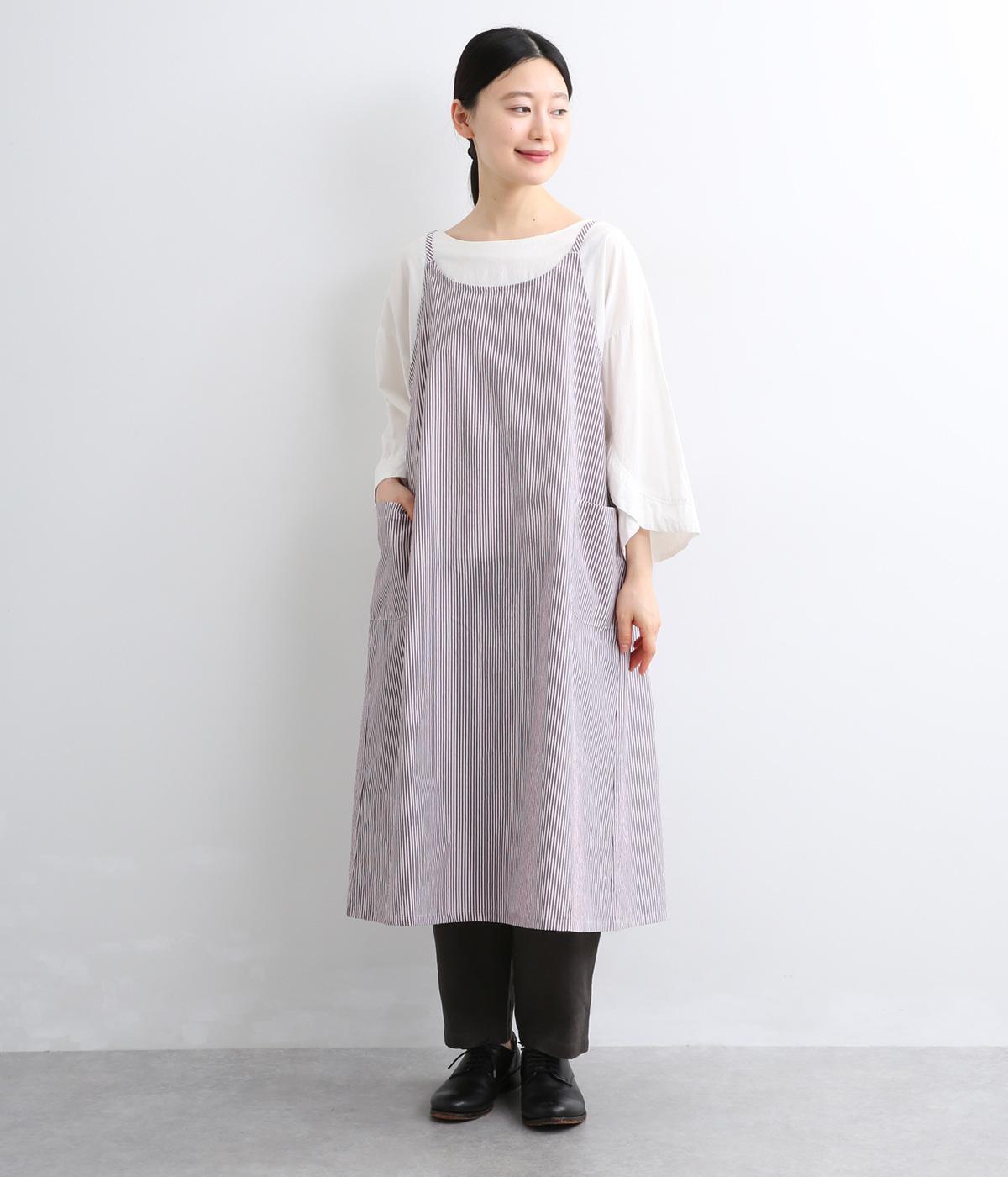 ストライプ　ギャザーエプロンワンピース(ブラウン-F)