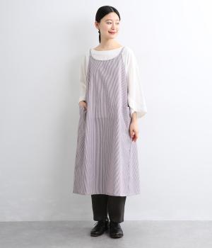 ストライプ　ギャザーエプロンワンピース(ブラウン-F)