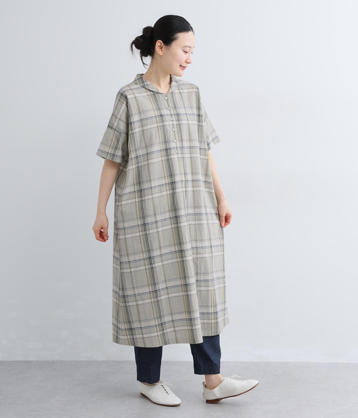 コットンリネンチェック　ショールカラーワンピース(グリーン-F)