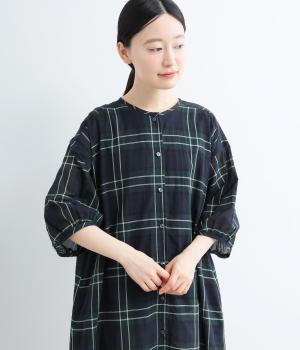 ローンブラックウォッチノーカラーワンピース(グリーン-F)