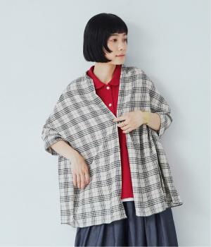 リネンレーヨンチェックストールカーディガン(ブラック-F)