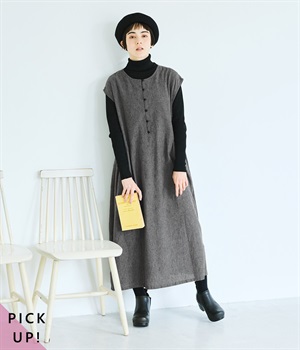 コットンリネン平織り無地起毛ボタン配色リボンワンピース(ダークグレー-ONESIZE)