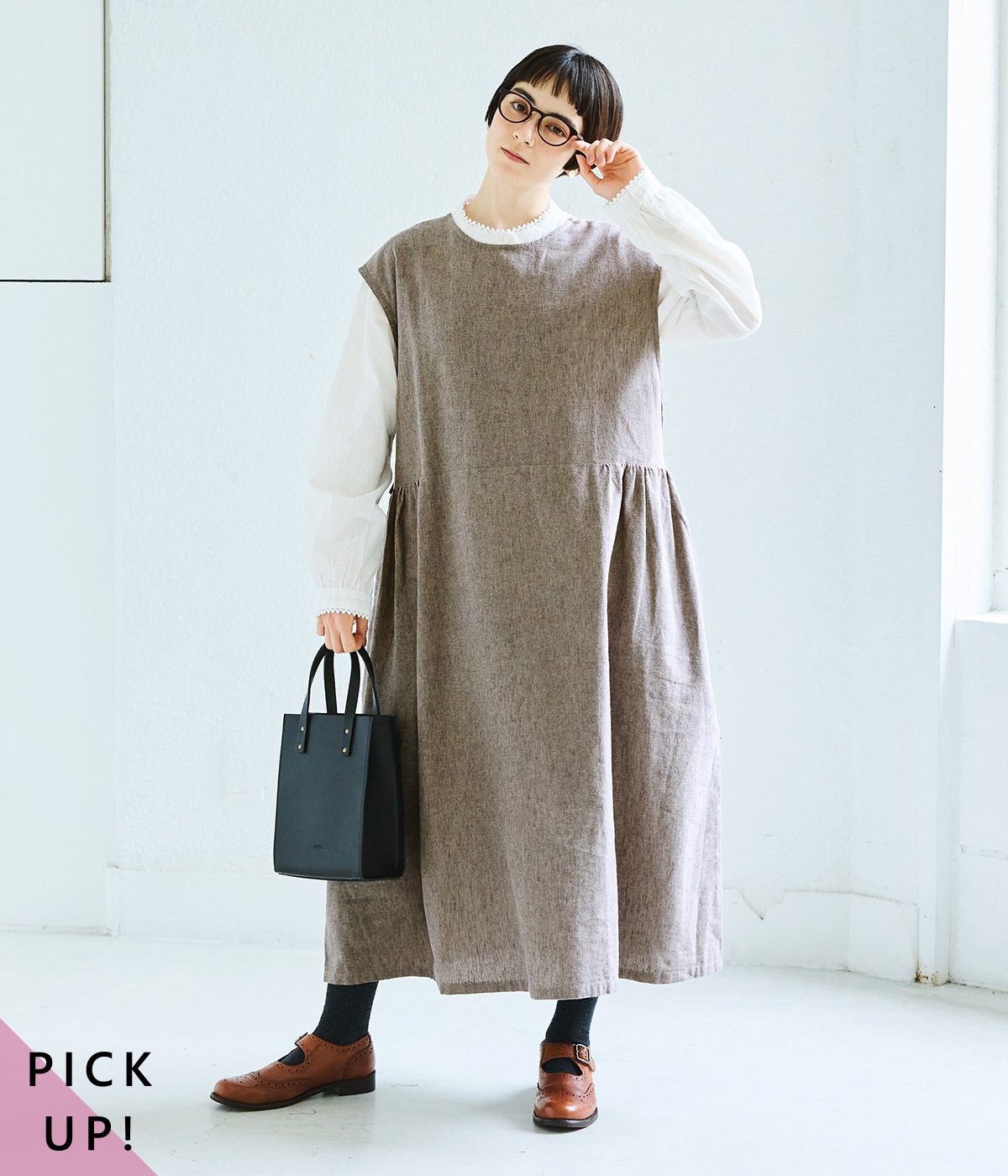 コットンリネン平織り無地起毛ボタン配色リボンワンピース(ベージュ-ONESIZE)