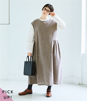 コットンリネン平織り無地起毛ボタン配色リボンワンピース(ベージュ-ONESIZE)