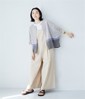 コットンリネン太番手平織り無地サロペット(ベージュ-ONESIZE)