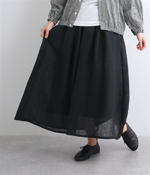 リネン平織りシングルガーゼ無地ギャザースカート(ブラック-ONESIZE)