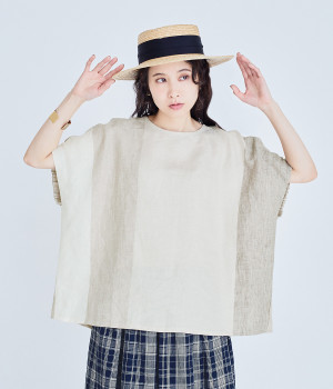 リネンパネルストライプ袖口ギャザーブラウス(ベージュ-ONESIZE)