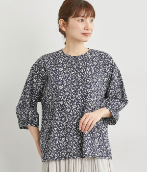 コットン細番手プリントドルマンブラウス(ネイビー-ONESIZE)