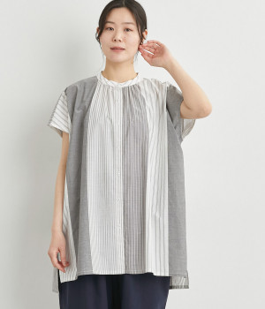 コットンパネルストライプハオリチュニック(ブラック-ONESIZE)