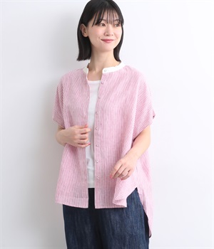 リネン平織りストライプクレリックチュニック(ピンク-ONESIZE)