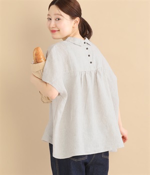 リネン平織りチビ襟ブラウス(ストライプ-ONESIZE)