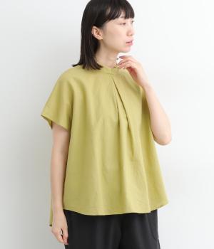 コットンリネン平織り無地スタンドカラーブラウス(イエロー-ONESIZE)