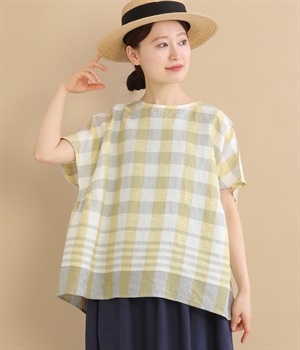 リネン平織りパネルチェックブラウス(イエロー-ONESIZE)