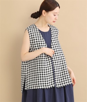 リネン太番手チェックロングベスト(ギンガムチェックブラック-ONESIZE)