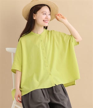 コットン細番手平織り無地ワイドシルエットブラウス(イエローグリーン-ONESIZE)