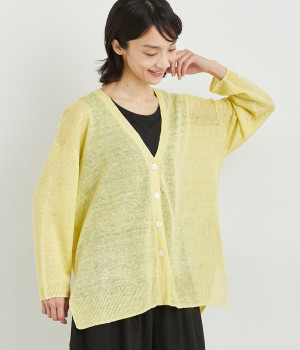 リネンニット長袖カーディガン(イエロー-ONESIZE)