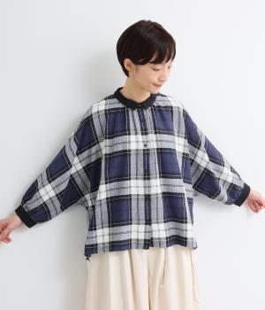 コットンリネンチェック襟配色ブラウス