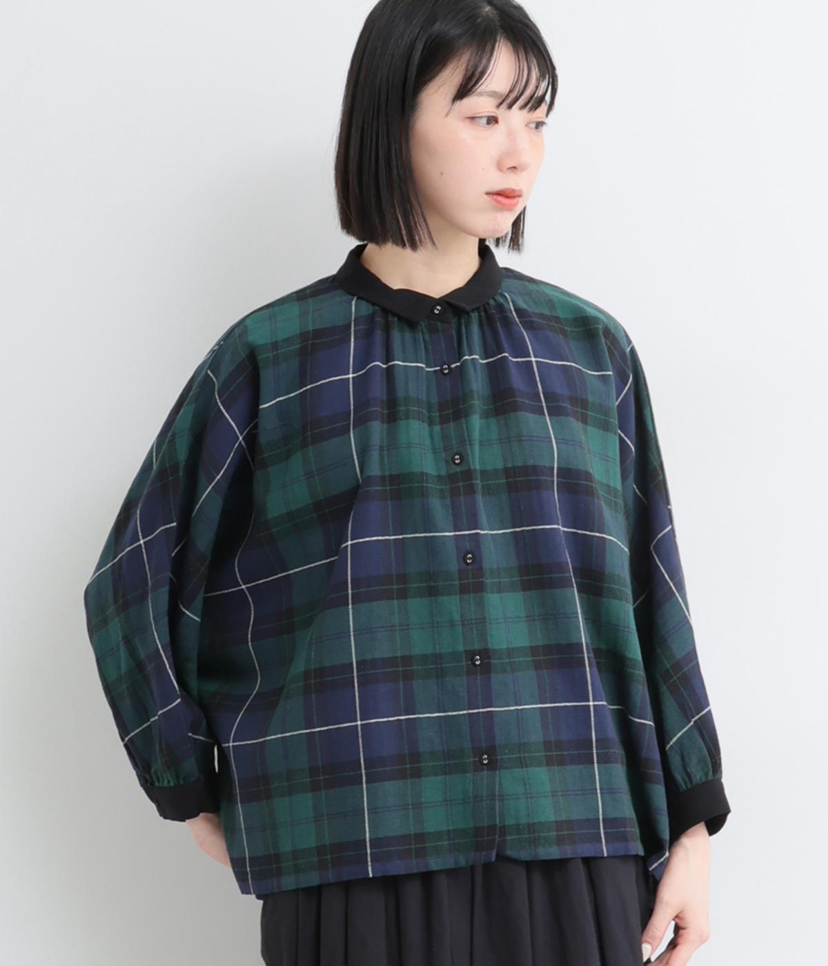 コットンリネンチェック襟配色ブラウス(ブラックウォッチ-F)