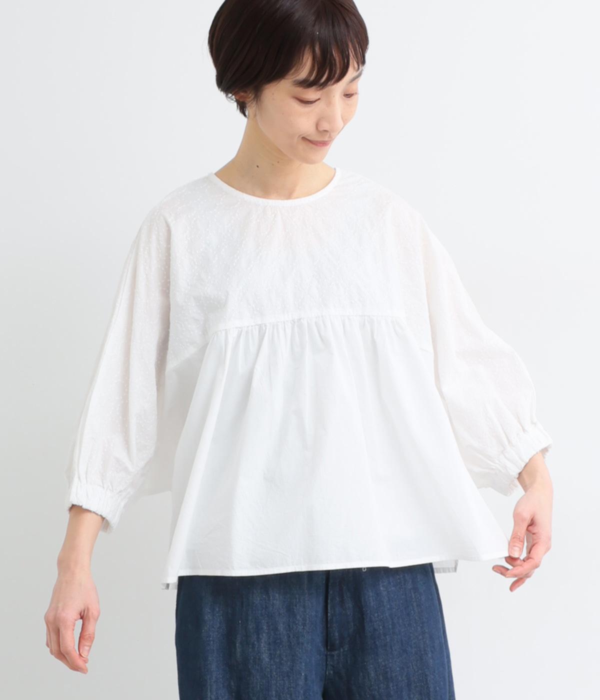 コットン細番手刺繍切り替えブラウス(ホワイト-F)