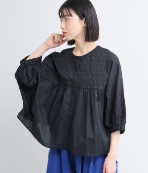 コットン細番手刺繍切り替えブラウス(ブラック-F)