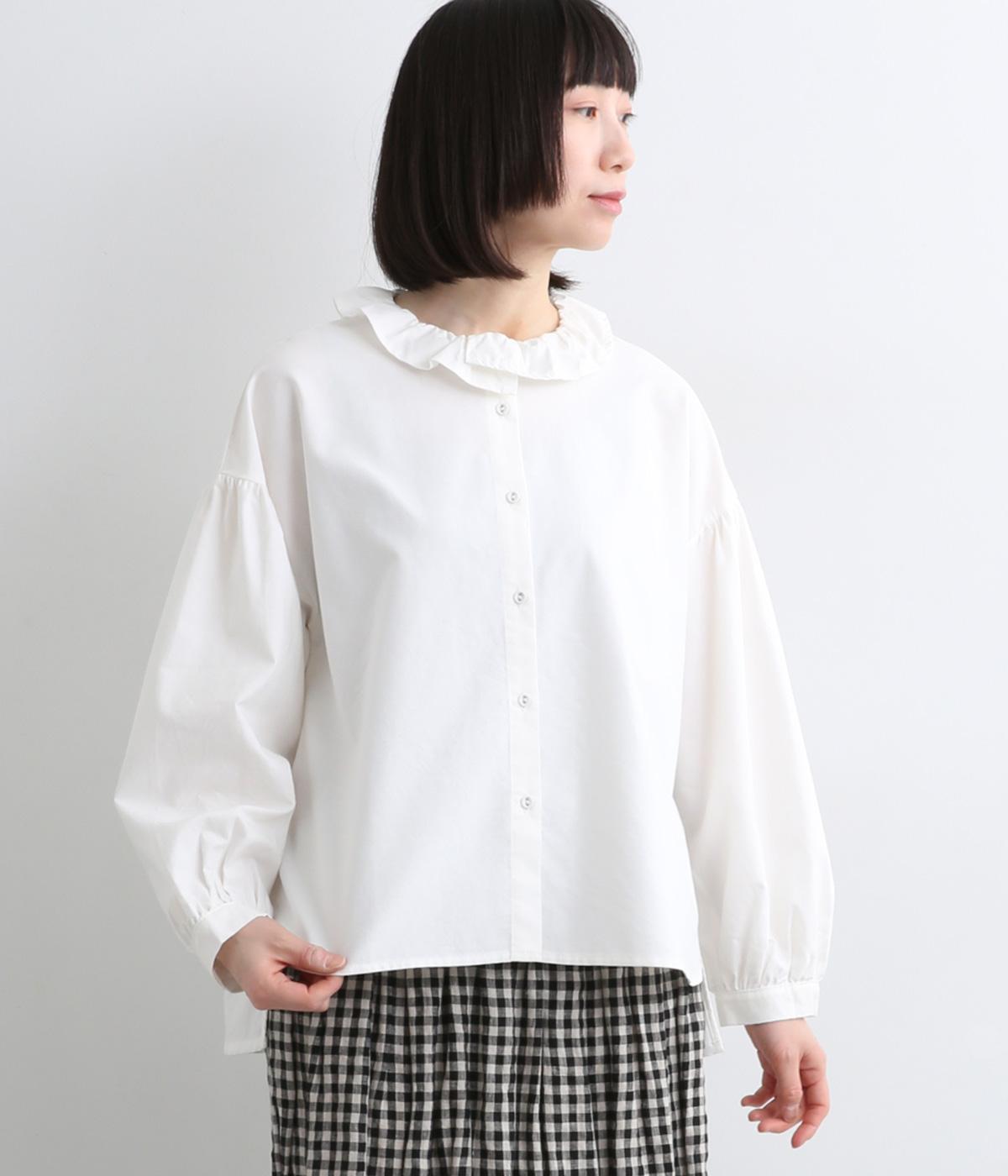 コットンオックス襟フリルブラウス(ホワイト-F)