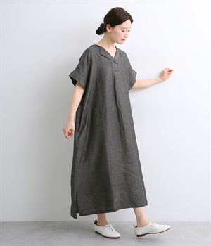 リネン平織り無地カフタンワンピース(ダークグレー-ONESIZE)